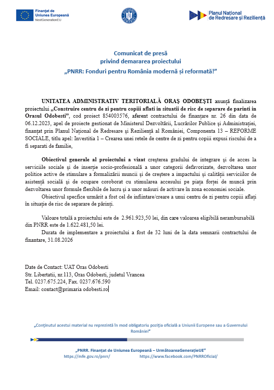 Comunicat de presă privind demararea proiectului  „PNRR: Fonduri pentru România modernă și reformată!”